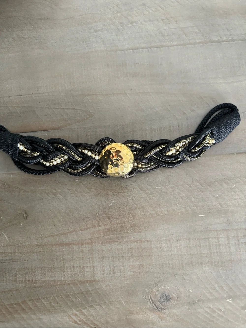 Vintage Style Black Gold Braided Statement Belt Faux Pearl Medallion